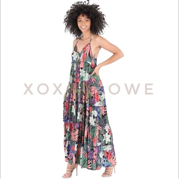 Angie Green & Pink Tropical Flower Print Tiered Maxi Dress - Picture 3 of 5